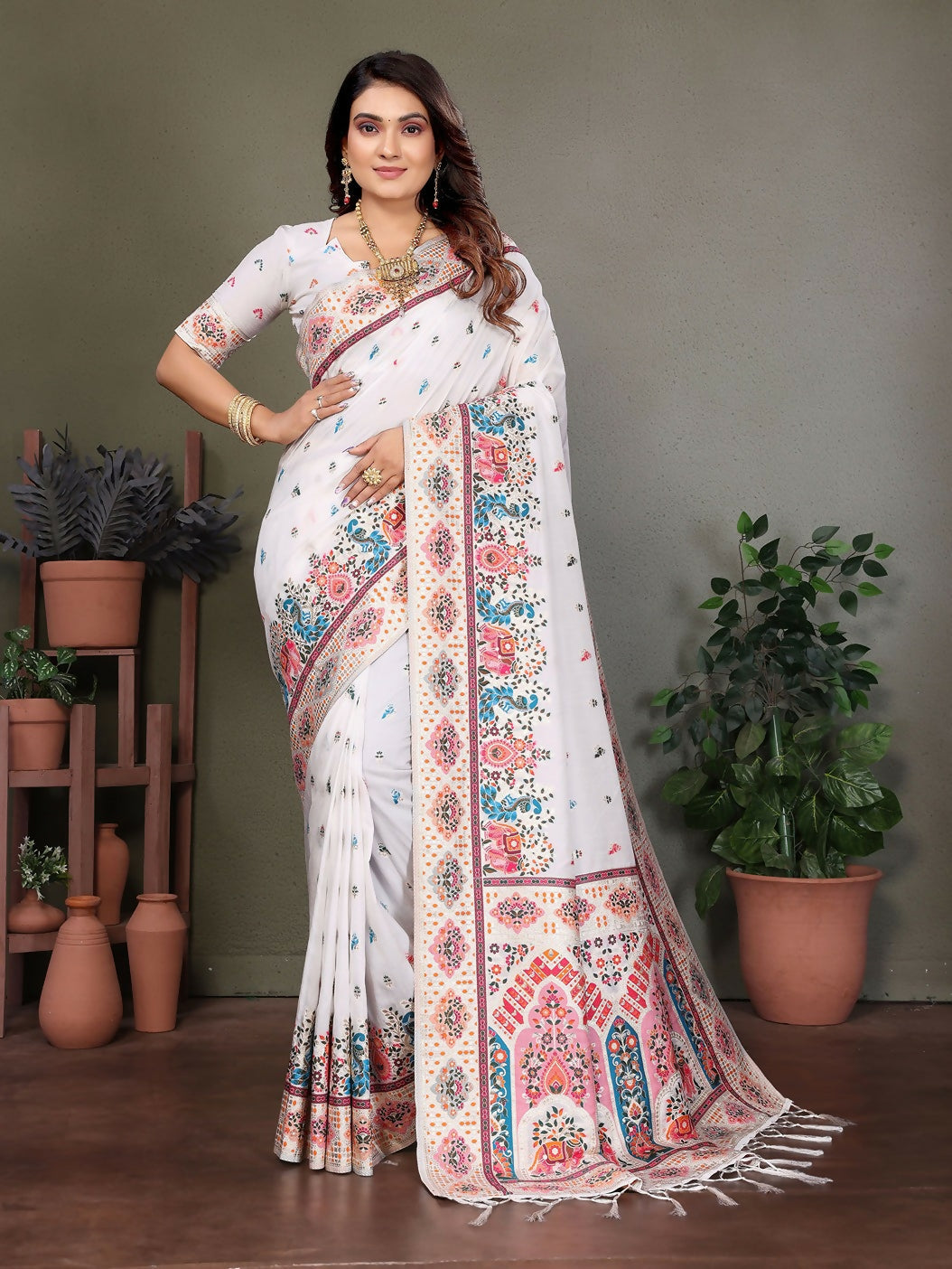 Joban Fashion White Thread Woven Pashmina Sarees | Grocsy