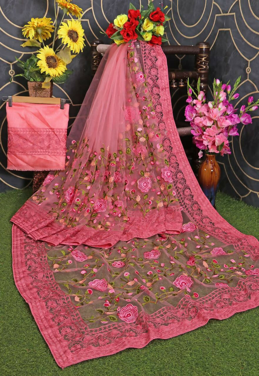 Teeya Creation Womens Latest Stylish Party Wear Soft Net Saree-Pink | Grocsy