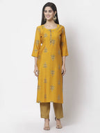 Myshka Mustard Viscose Printed 3/4 Sleeve Round Neck Kurta Pant Dupatta Set | Grocsy
