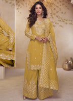 Vegaa Fashion Yellow Simar Silk Embroidered Party Wear Palazzo Suit | Grocsy