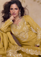 Vegaa Fashion Yellow Simar Silk Embroidered Party Wear Palazzo Suit | Grocsy