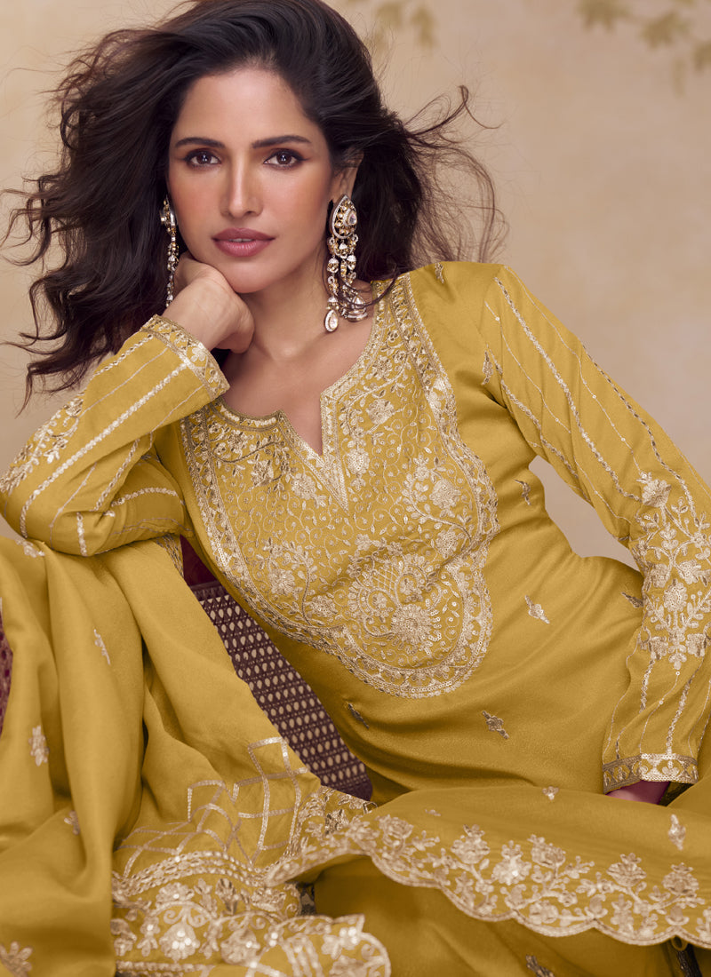Vegaa Fashion Yellow Simar Silk Embroidered Party Wear Palazzo Suit | Grocsy