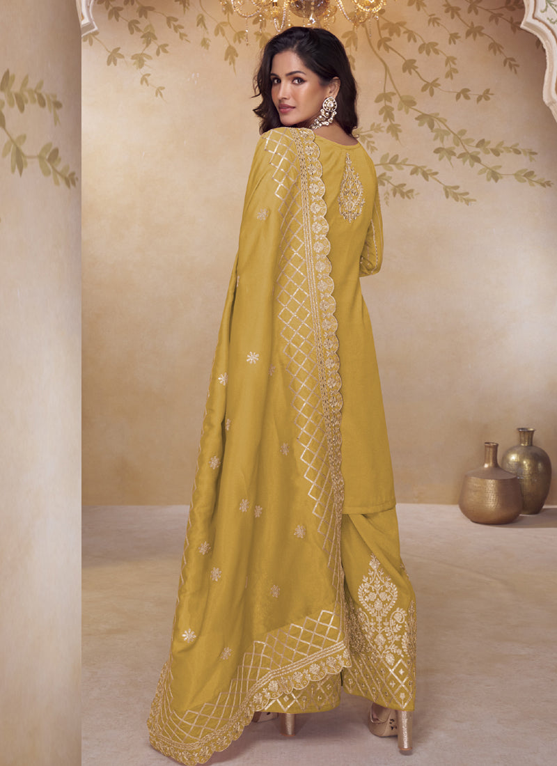 Vegaa Fashion Yellow Simar Silk Embroidered Party Wear Palazzo Suit | Grocsy