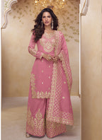 Vegaa Fashion Pink Simar Silk Embroidered Party Wear Palazzo Suit | Grocsy