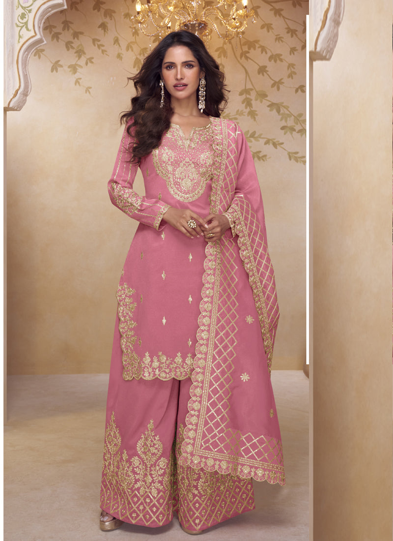 Vegaa Fashion Pink Simar Silk Embroidered Party Wear Palazzo Suit | Grocsy
