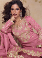 Vegaa Fashion Pink Simar Silk Embroidered Party Wear Palazzo Suit | Grocsy