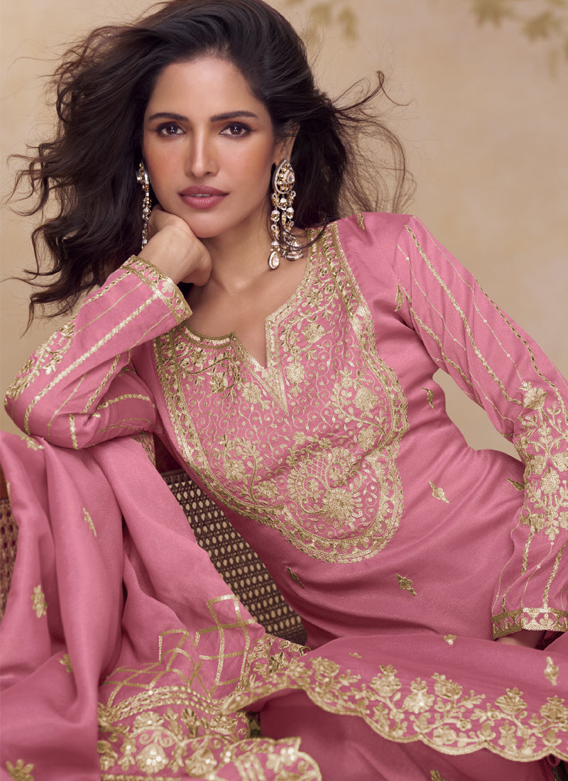 Vegaa Fashion Pink Simar Silk Embroidered Party Wear Palazzo Suit | Grocsy