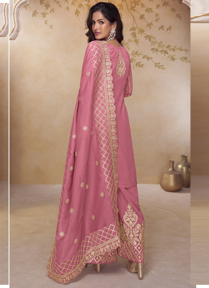 Vegaa Fashion Pink Simar Silk Embroidered Party Wear Palazzo Suit | Grocsy