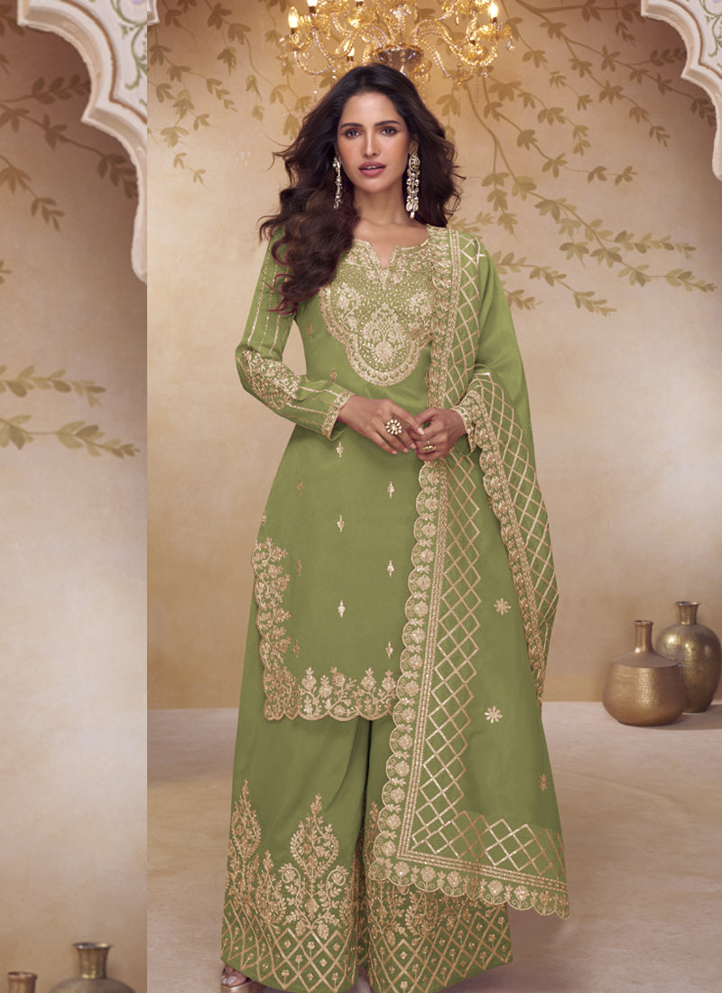 Vegaa Fashion Green Simar Silk Embroidered Party Wear Palazzo Suit | Grocsy