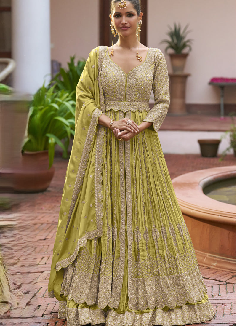 Vegaa Fashion Parrot Green Chinon Silk Embroidered & Hand Work Lehenga Style Suit | Grocsy