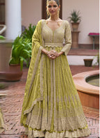 Vegaa Fashion Parrot Green Chinon Silk Embroidered & Hand Work Lehenga Style Suit | Grocsy