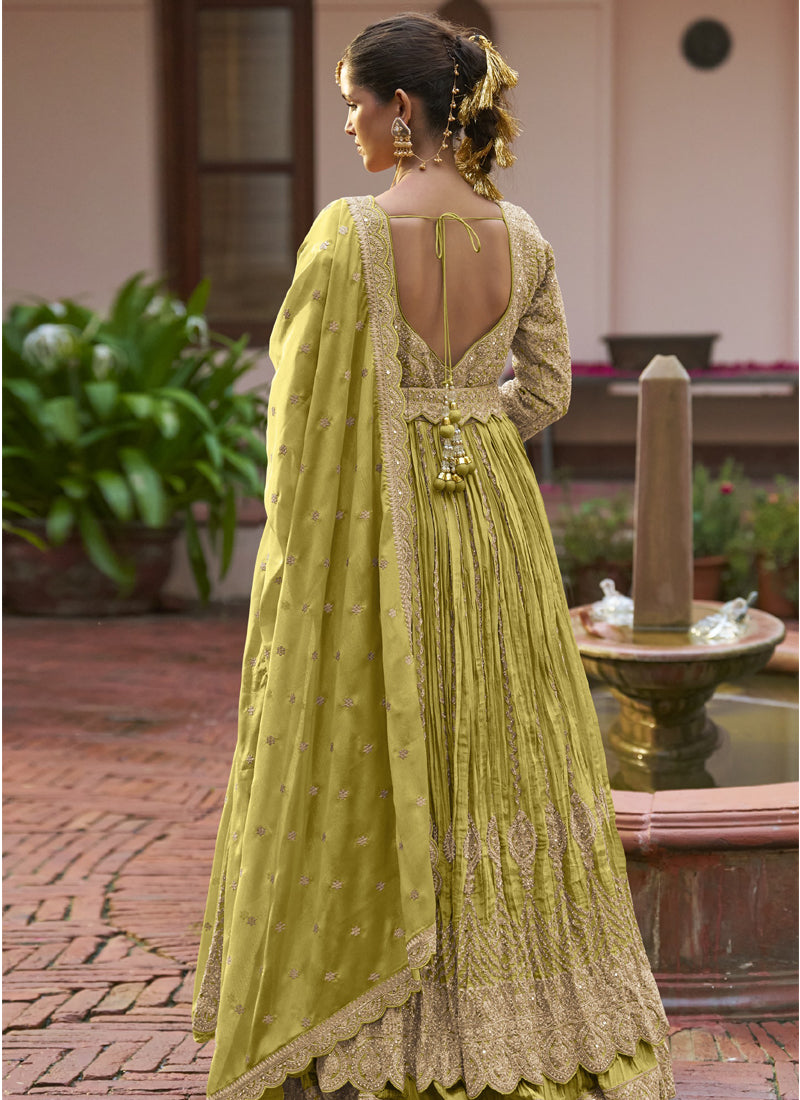 Vegaa Fashion Parrot Green Chinon Silk Embroidered & Hand Work Lehenga Style Suit | Grocsy