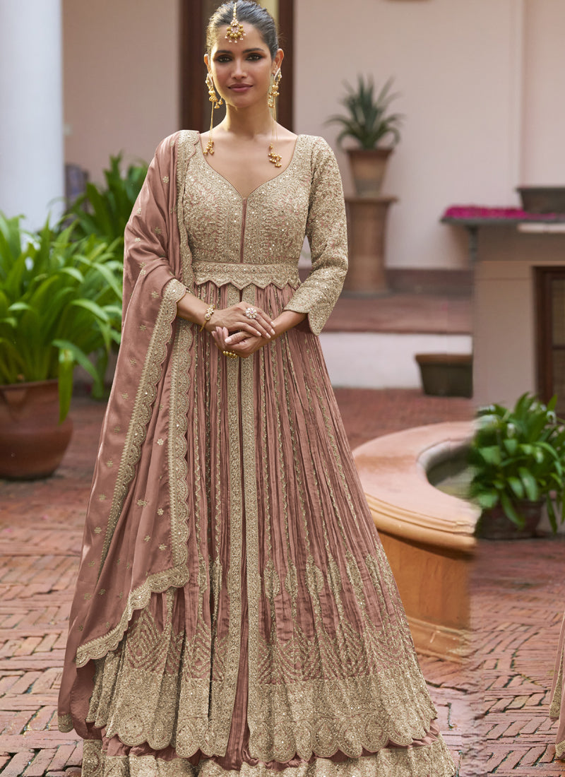 Vegaa Fashion Peach Chinon Silk Embroidered & Hand Work Lehenga Style Suit | Grocsy