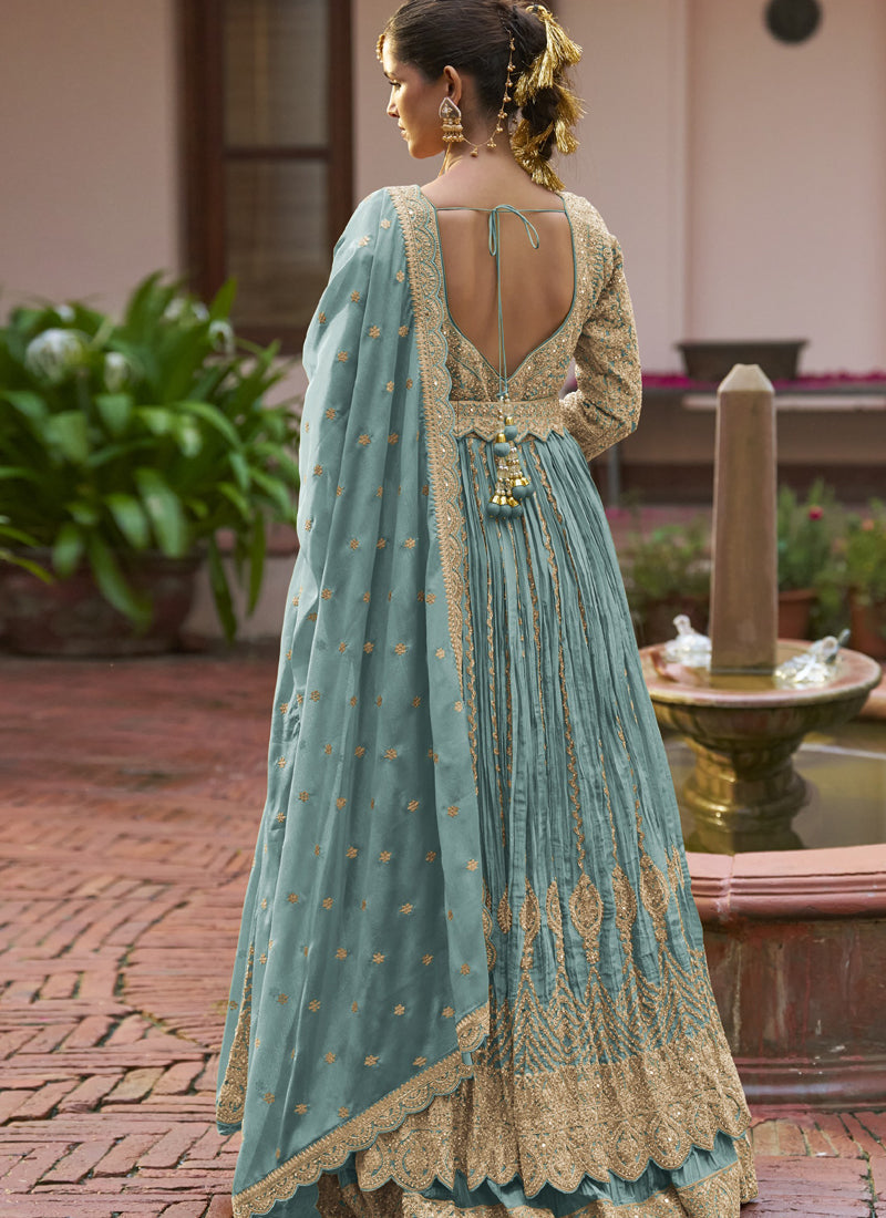 Vegaa Fashion Sky Blue Chinon Silk Embroidered & Hand Work Lehenga Style Suit | Grocsy