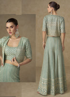 Vegaa Fashion Mint Green Georgette Embroidered & Hand Work Jacket Style Co-Ord Set | Grocsy