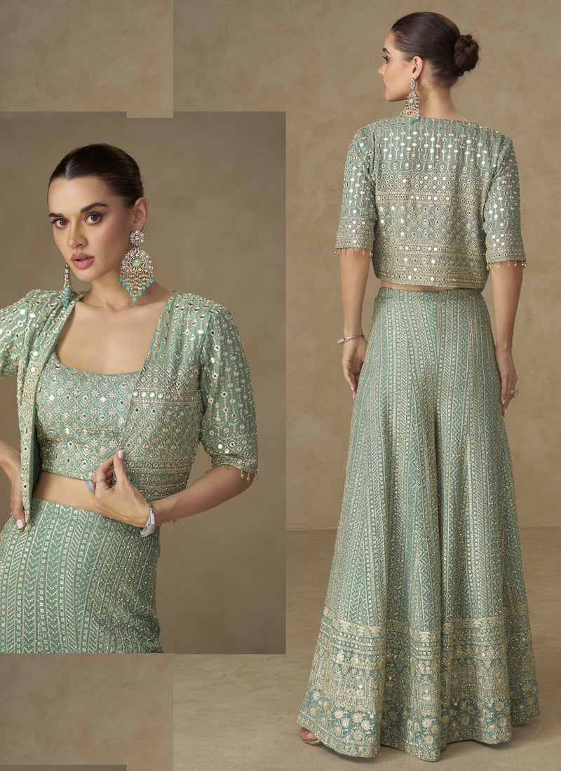 Vegaa Fashion Mint Green Georgette Embroidered & Hand Work Jacket Style Co-Ord Set | Grocsy