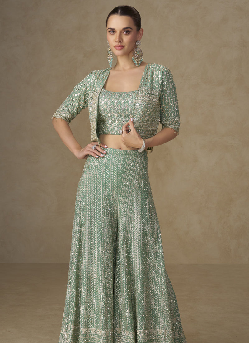 Vegaa Fashion Mint Green Georgette Embroidered & Hand Work Jacket Style Co-Ord Set | Grocsy