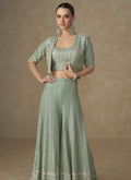 Vegaa Fashion Mint Green Georgette Embroidered & Hand Work Jacket Style Co-Ord Set | Grocsy