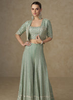 Vegaa Fashion Mint Green Georgette Embroidered & Hand Work Jacket Style Co-Ord Set | Grocsy