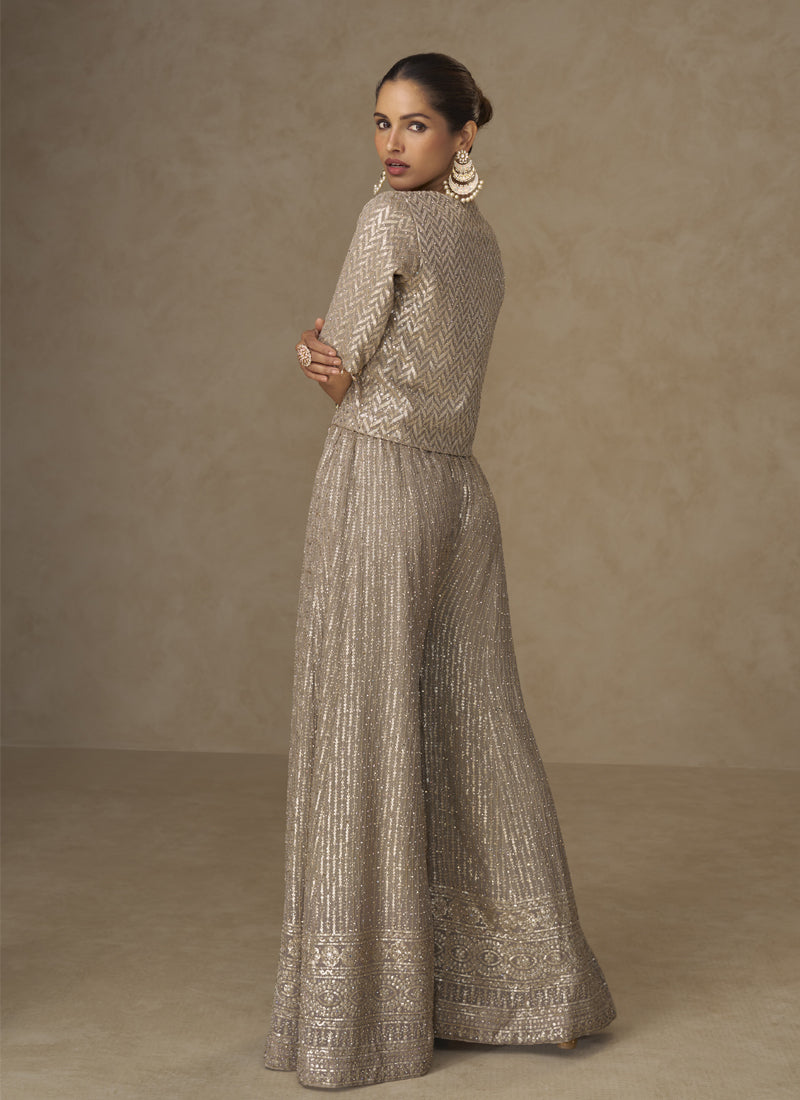 Vegaa Fashion Beige Georgette Embroidered & Hand Work Jacket Style Co-Ord Set | Grocsy