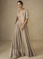 Vegaa Fashion Beige Georgette Embroidered & Hand Work Jacket Style Co-Ord Set | Grocsy