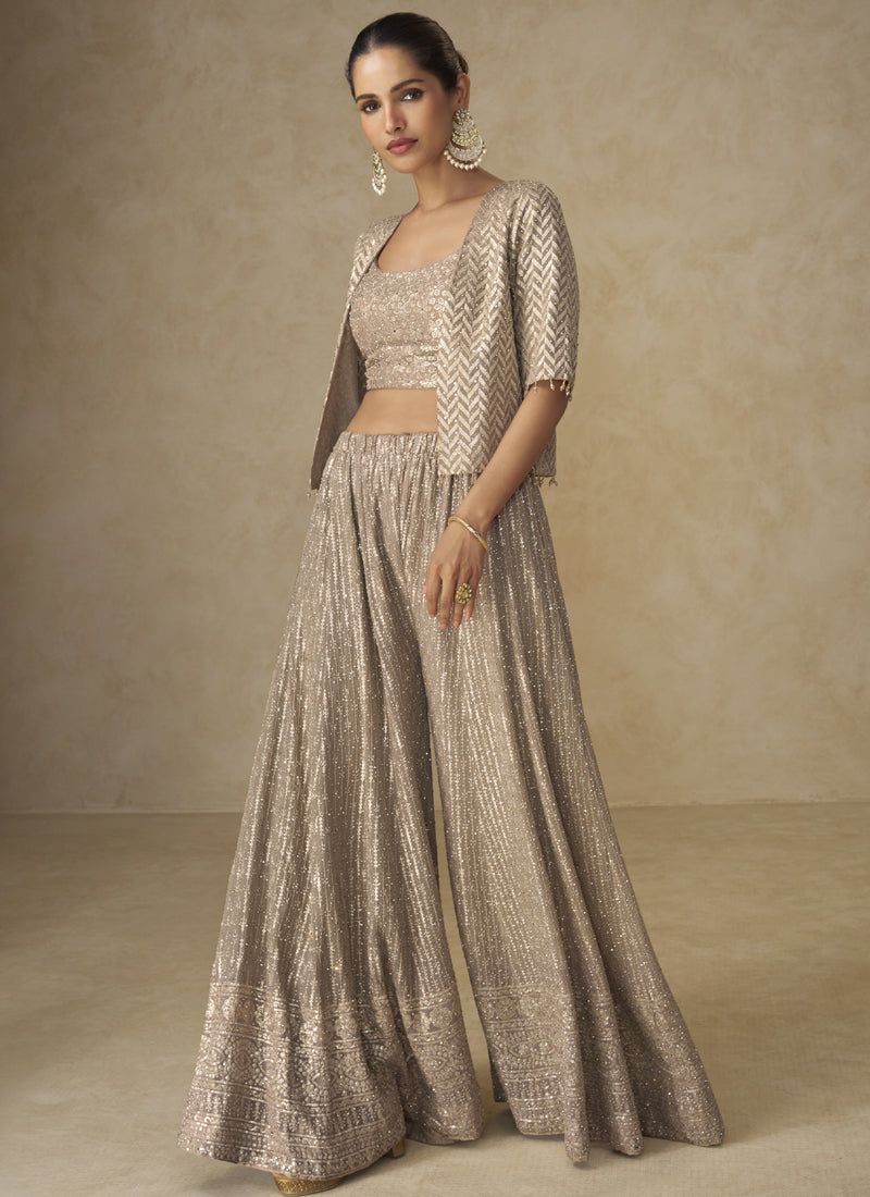 Vegaa Fashion Beige Georgette Embroidered & Hand Work Jacket Style Co-Ord Set | Grocsy