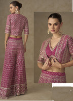 Vegaa Fashion Pink Georgette Embroidered & Hand Work Jacket Style Co-Ord Set | Grocsy