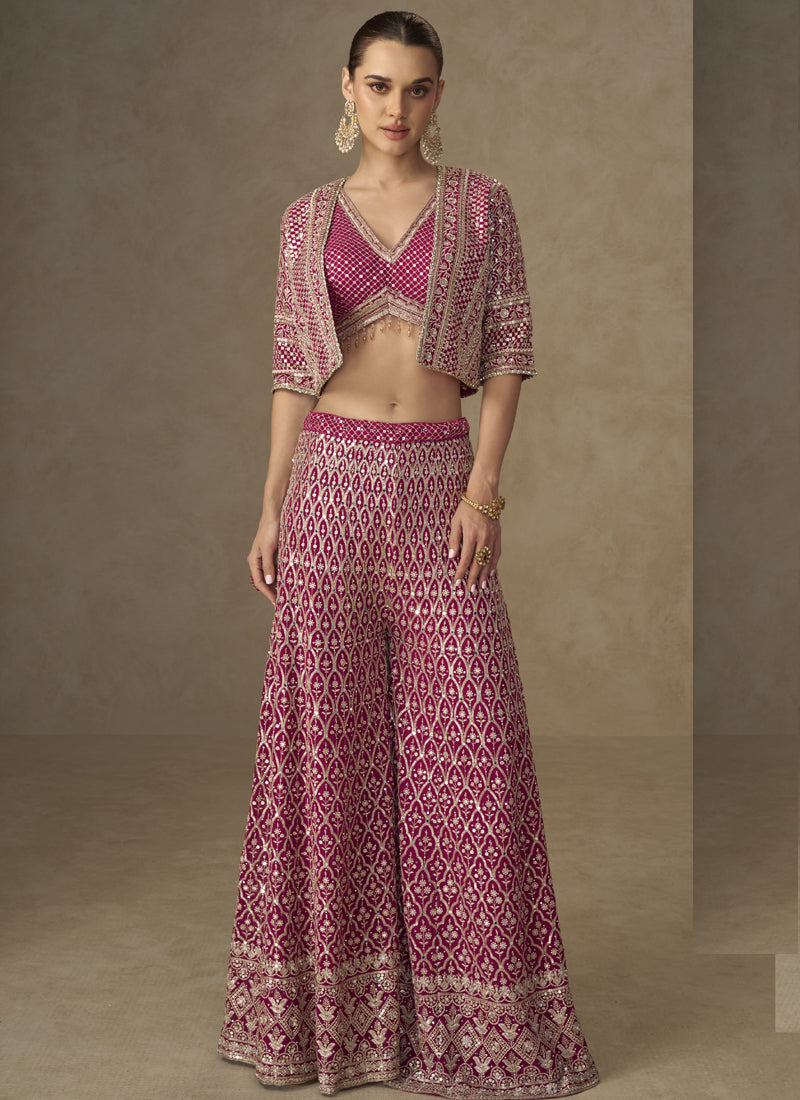 Vegaa Fashion Pink Georgette Embroidered & Hand Work Jacket Style Co-Ord Set | Grocsy