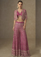 Vegaa Fashion Pink Georgette Embroidered & Hand Work Jacket Style Co-Ord Set | Grocsy