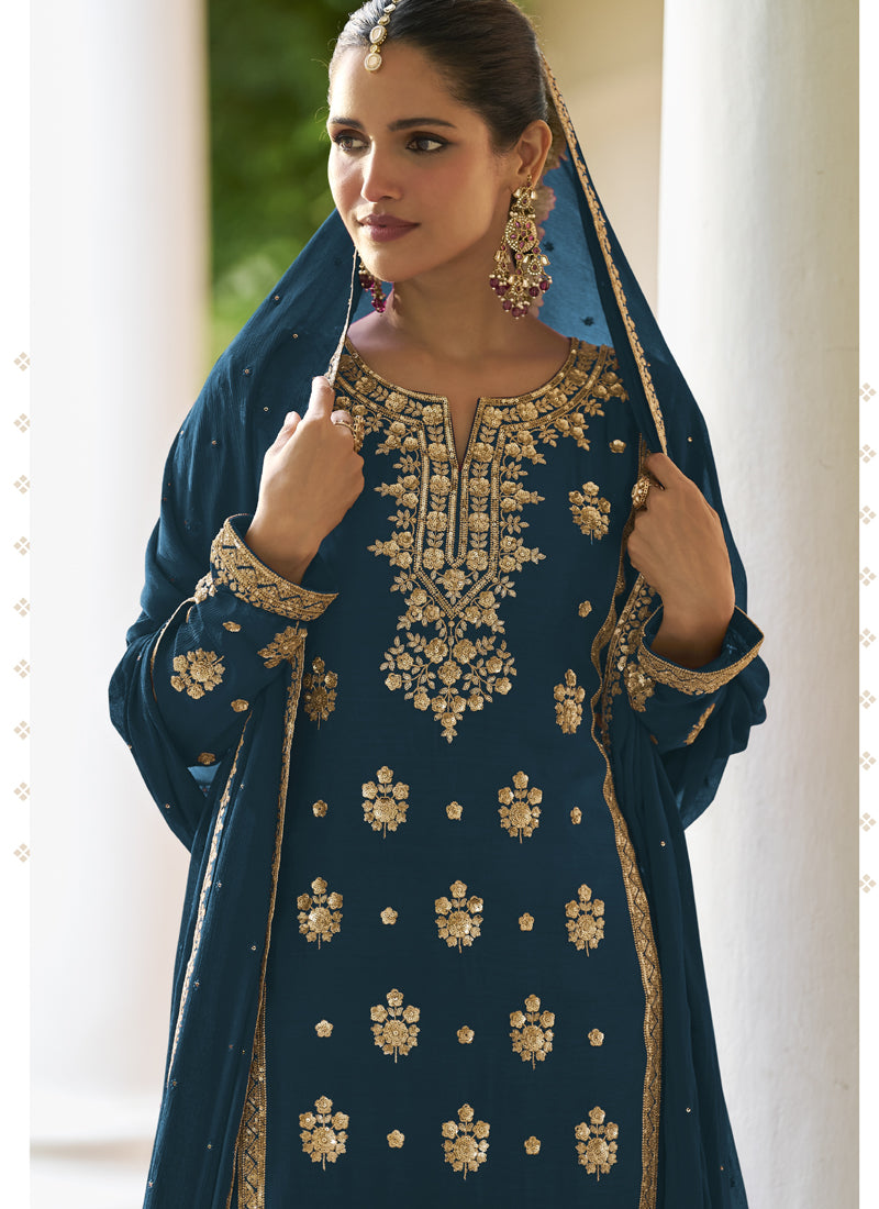 Vegaa Fashion Teal Chinon Embroidered Designer Sharara Suit Stiched | Grocsy