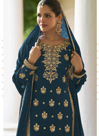 Vegaa Fashion Teal Chinon Embroidered Designer Sharara Suit Stiched | Grocsy