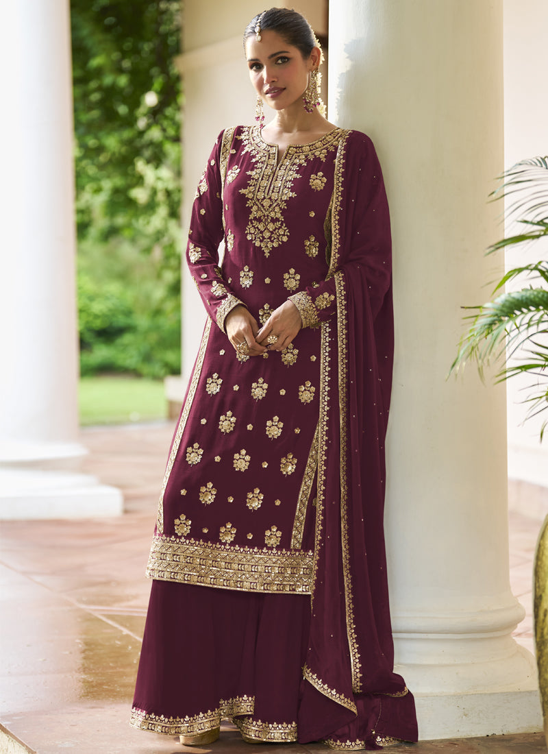 Vegaa Fashion Maroon Chinon Embroidered Designer Sharara Suit Stiched | Grocsy
