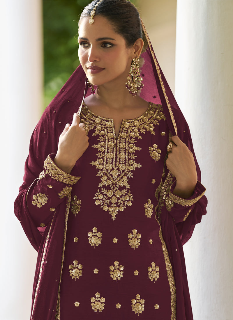 Vegaa Fashion Maroon Chinon Embroidered Designer Sharara Suit Stiched | Grocsy