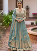 Vegaa Fashion Sky Blue Chinon Silk Embroidered & Hand Work Lehenga Style Suit | Grocsy