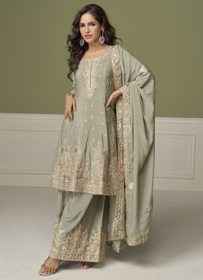 Vegaa Fashion Light Grey Chinon Silk Embroidered Sharara Suit | Grocsy