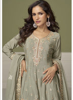 Vegaa Fashion Light Grey Chinon Silk Embroidered Sharara Suit | Grocsy