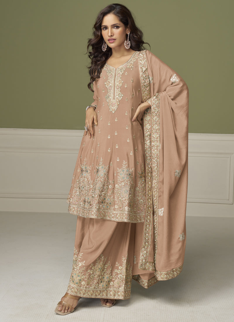 Vegaa Fashion Light Peach Chinon Silk Embroidered Sharara Suit | Grocsy