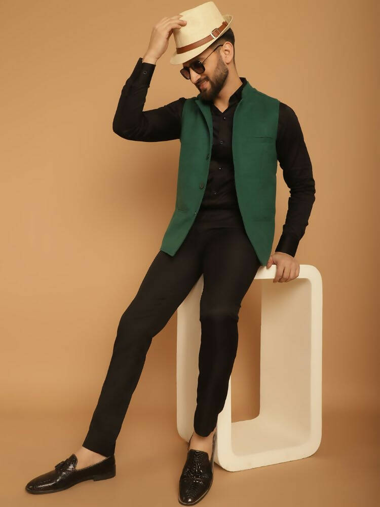 Even Apparels Pure Wool Nehru Jacket - Green | Grocsy