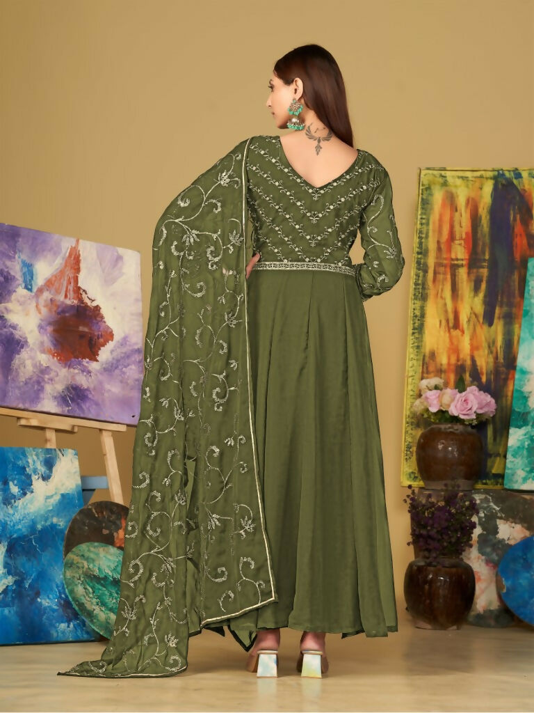 Jyoti Fashion Women's Olive Green Georgette Embroidered Anarkali Kurta Pant Set With Dupatta | Grocsy