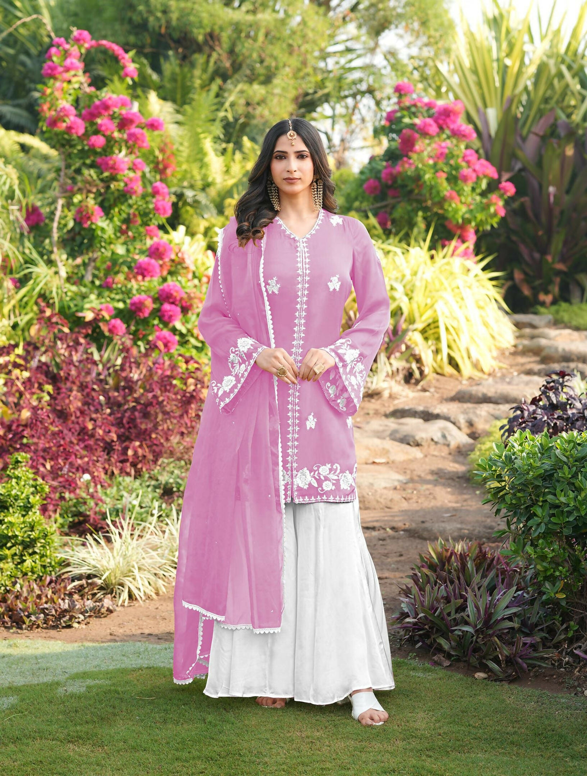 Nikhaar Light Pink Embroidered Modal Silk Stitched Straight Cut Kurta Kalidar Palazzo Dupatta Readymade Suit | Grocsy