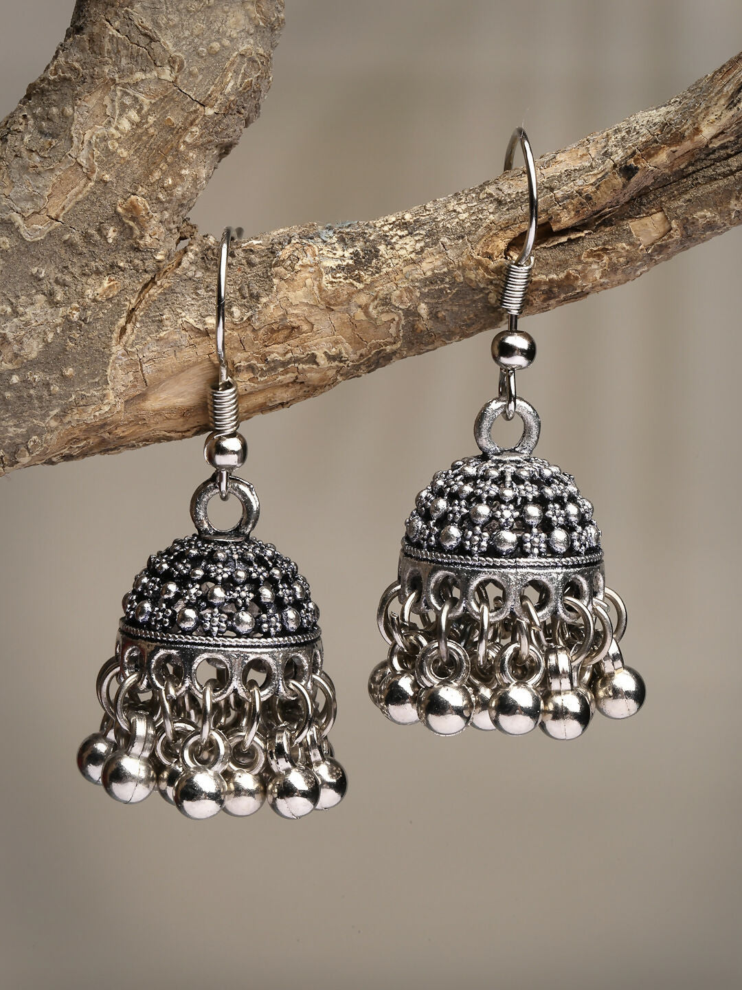 NVR Women's Silver-Toned German Silver Oxidised Dome Shaped Jhumka Earrings | Grocsy