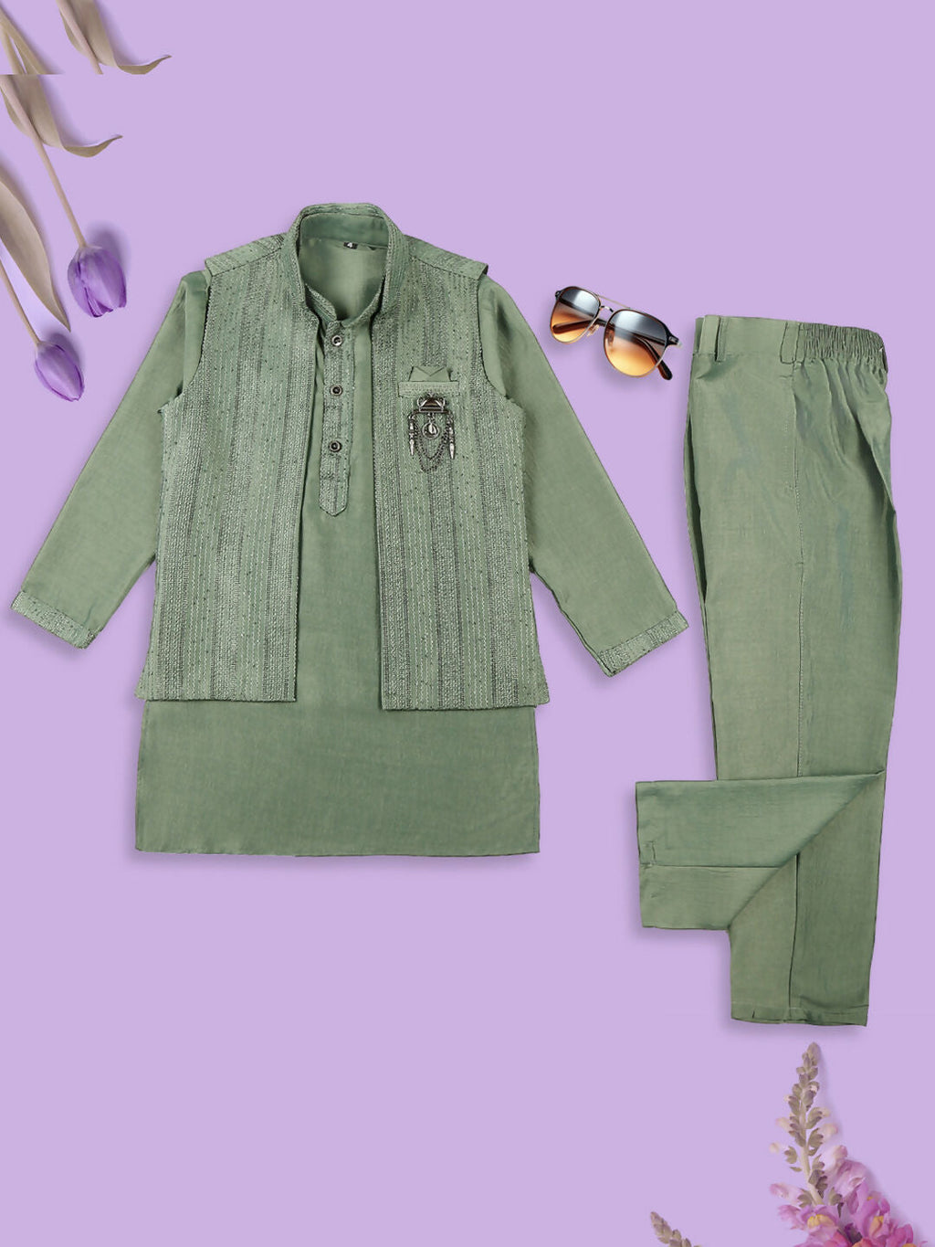 Joban Fashion Kids Island Embroidery Sequence Full Sleeves Kurta, Pyjama Set with Nehru Jacket - Green | Grocsy