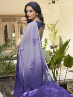 Vastranavya Purple Weightless Marble Printed & Trim Lace Border Saree with Unstitched Blouse | Grocsy