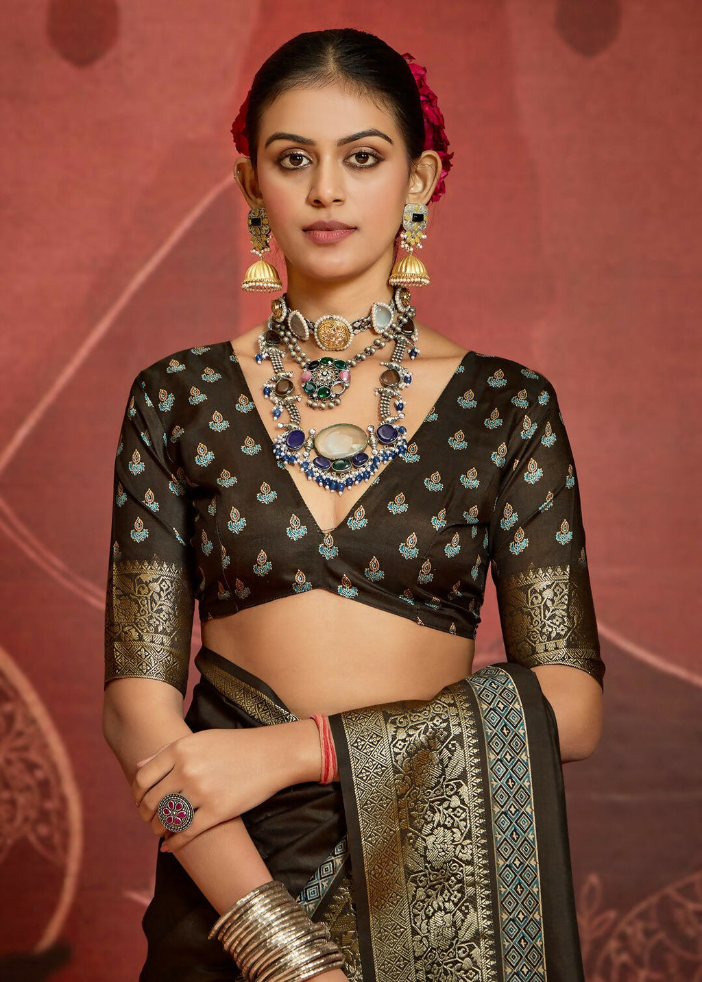 Joban Fashion Brown Art Silk With Fine Viscose Border Ajrak Full Body Print With Soft Finish Saree | Grocsy