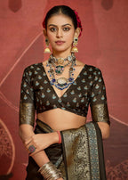Joban Fashion Brown Art Silk With Fine Viscose Border Ajrak Full Body Print With Soft Finish Saree | Grocsy