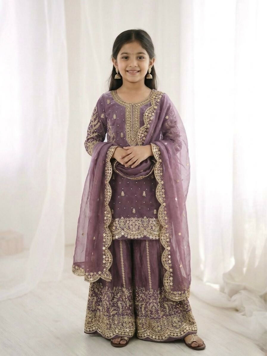 Teeya Creation New Trendy Fully Stitched Ready to Wear Kids Kurta Palazzo Set-Purple | Grocsy