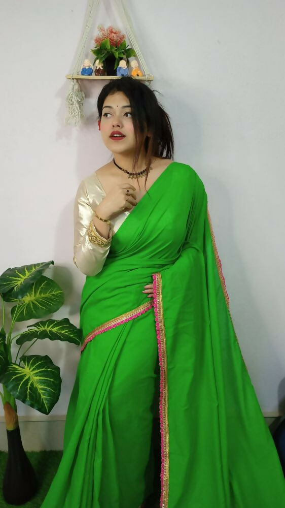 Exclusive Collection Beautiful Khadi Cotton Handloom Saree With Beautiful Zari Border - Parrot Green | Grocsy
