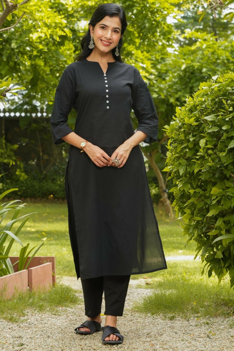 Aramya Straight Soft Cotton Solid Women's Kurta - Black | Grocsy