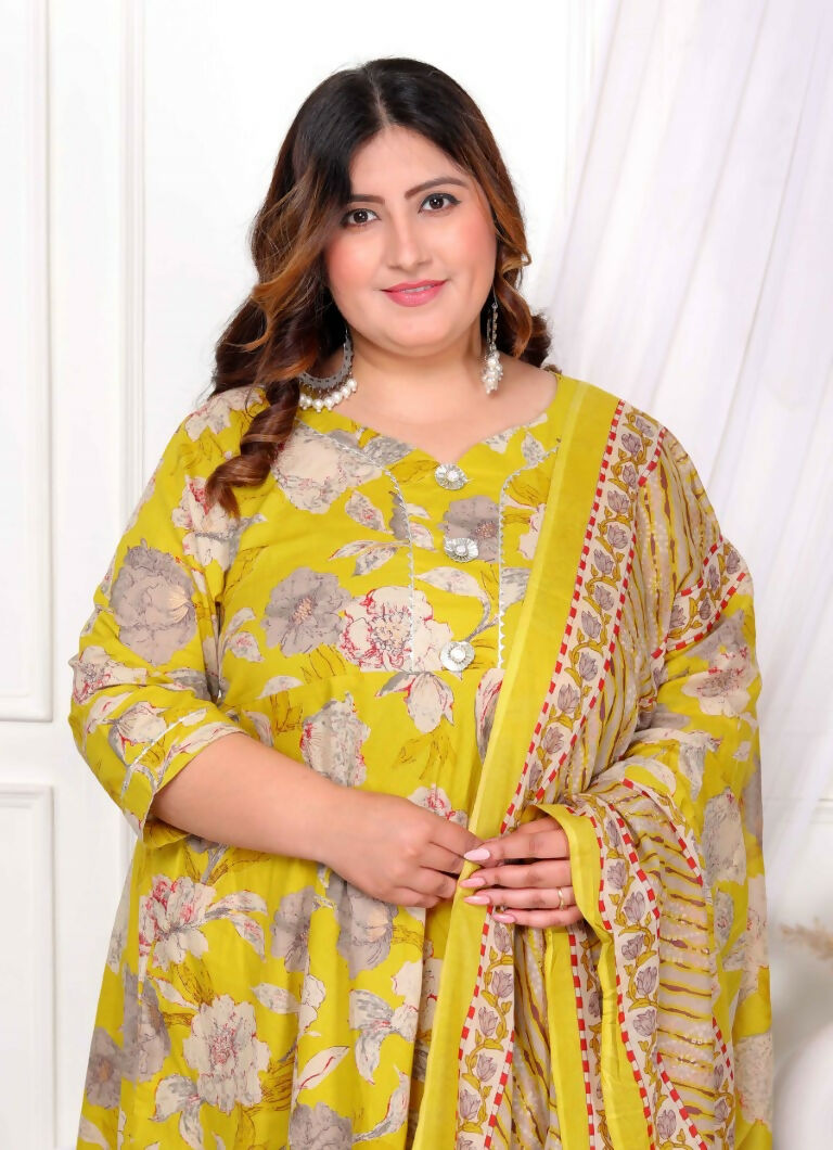 Miravan Women's Plus Size Cotton Gota Patti And Lace Border Details Floral Printed Yellow Anarkali Kurta And Dupatta Set | Grocsy