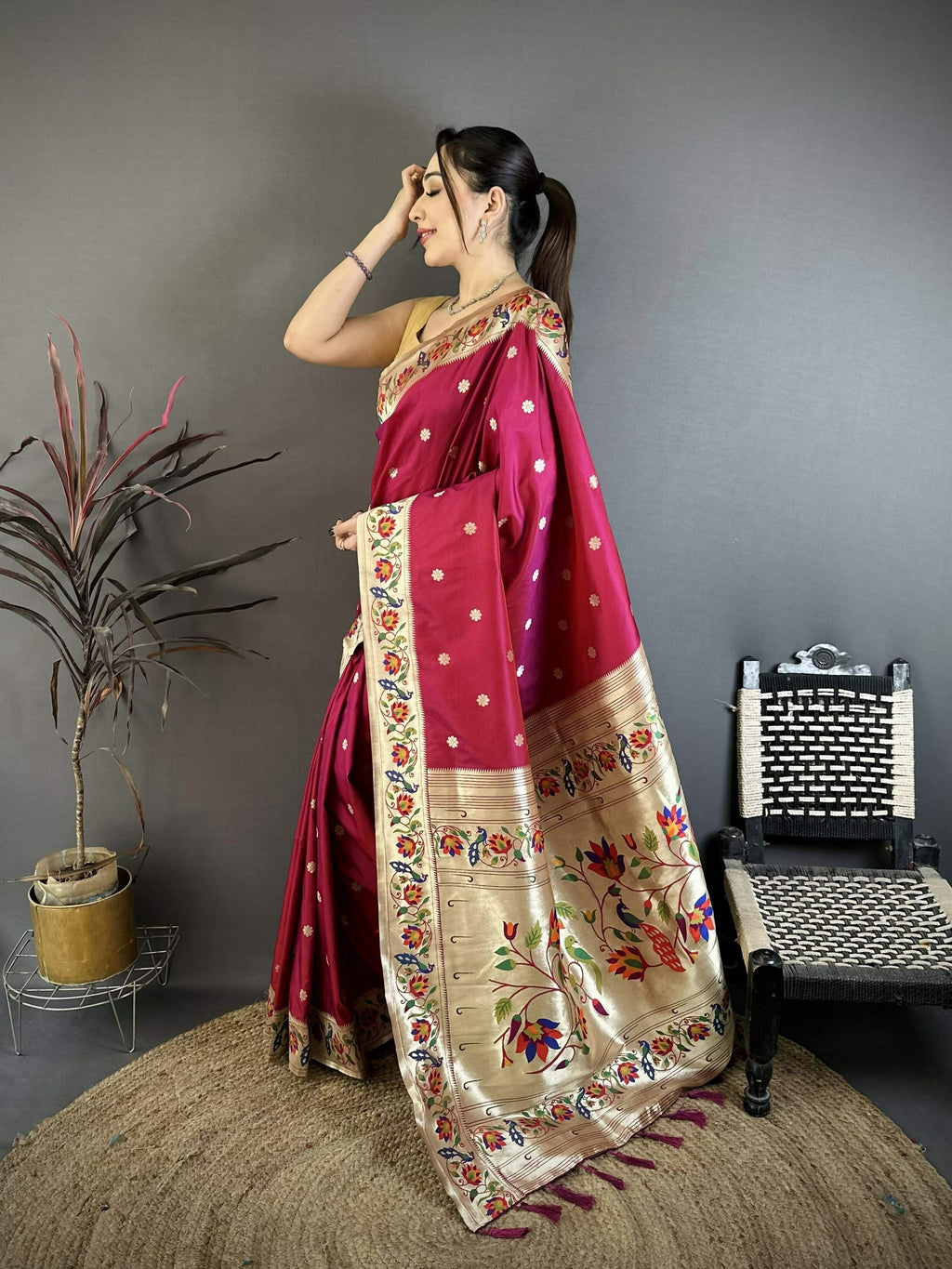 Prime Volt Premium Soft Silk Mayur Paithani Saree with Peacock Meena Weaving & Rich Pallu-Deep Maroon | Grocsy